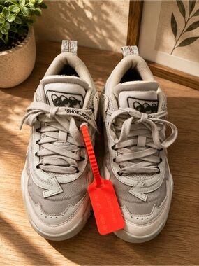 Authentic Light Gray Off-White Style Sneakers with Orange Tag